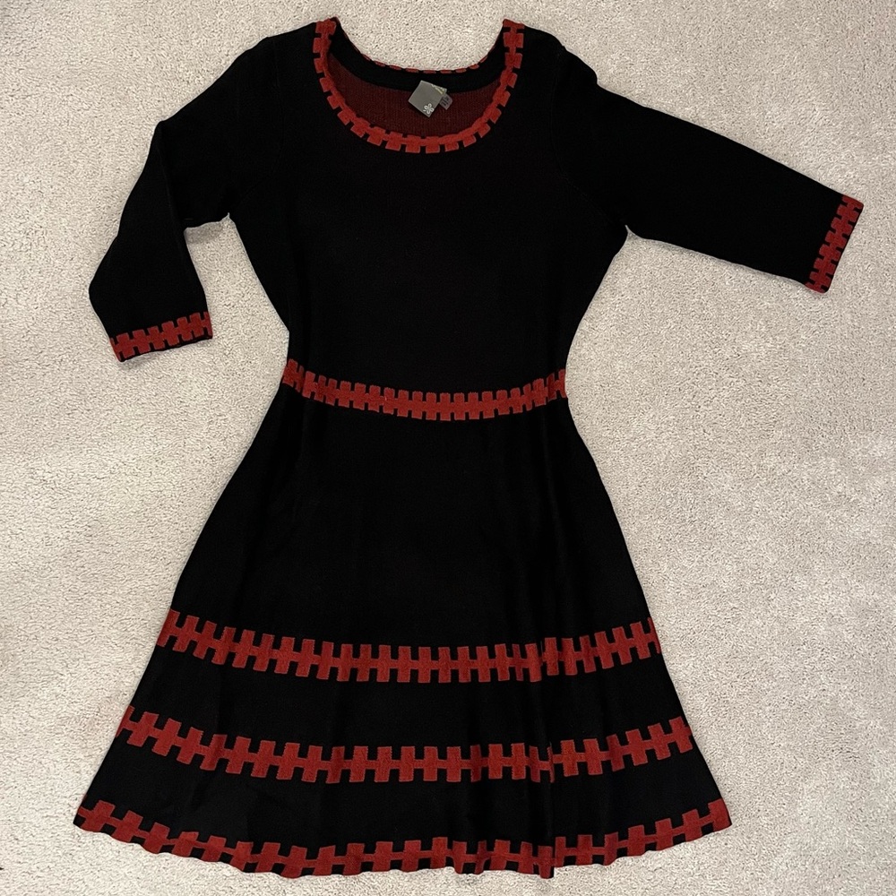 Taylor Black Double Knit Sweater Dress with Dark Red Accents